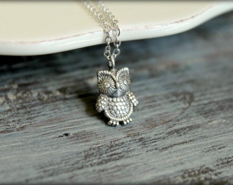 Diamond-Eyed Owl Necklace in Antiqued Silver