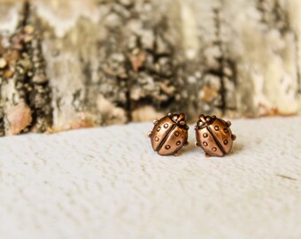 Ladybug Earring Studs, Available in Aged Copper and Antiqued Gold, Stainless Steel Posts