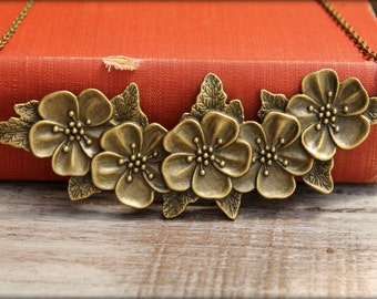 Flower Bib Necklace in Aged Brass