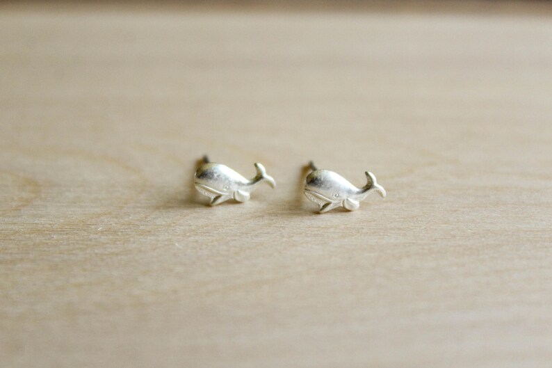 Whale Earring Studs, Available in Raw Brass or Silver Plated Brass, Stainless Steel Posts image 2