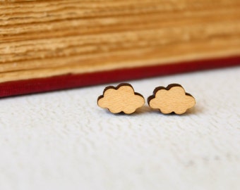 Tiny Cloud Studs, Laser Cut Wood Earrings