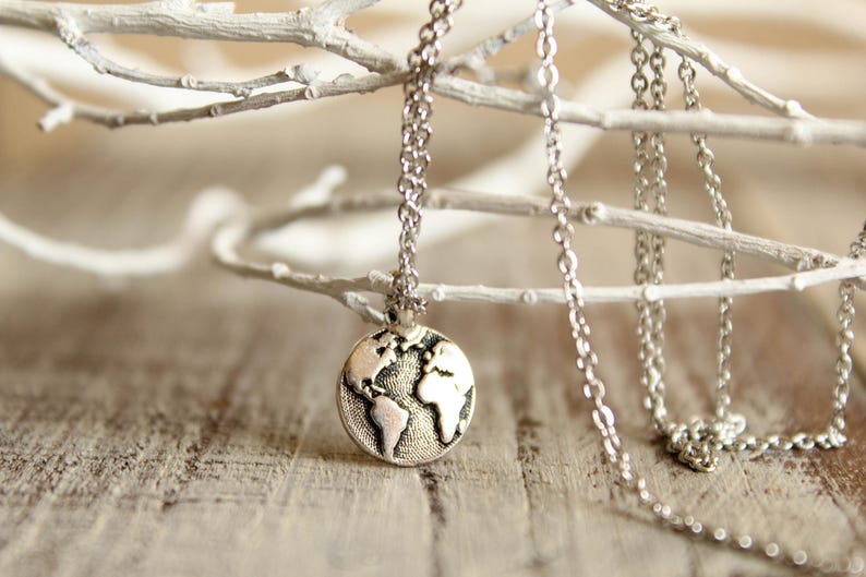 Globe Necklace in Silver, Earth Charm, World Travel Accessory image 1