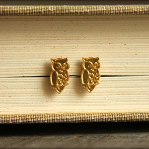 Wise Owl Earring Studs in Raw Brass, Stainless Steel Posts image 2