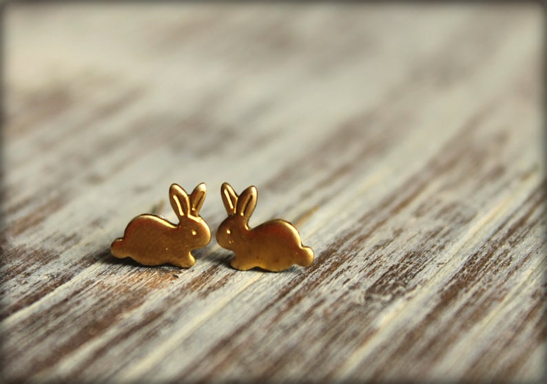 Available in Raw Brass Tiny Bunny Earring Studs Stainless Steel Posts and Rose Gold Silver