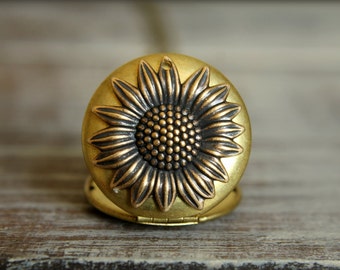 Sunflower Locket Necklace in Aged Brass, large version