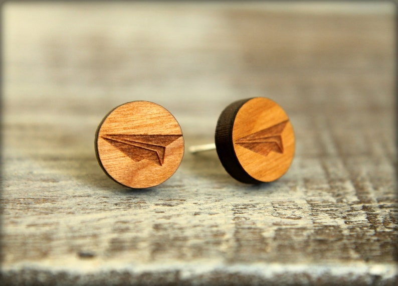 Paper Airplane Studs Laser Cut Wood Earrings Etsy