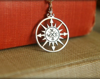 Compass Rose Necklace in Sterling Silver or Bronze and Gold Filled