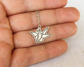 Origami Crane Outline Necklace in Antiqued Silver