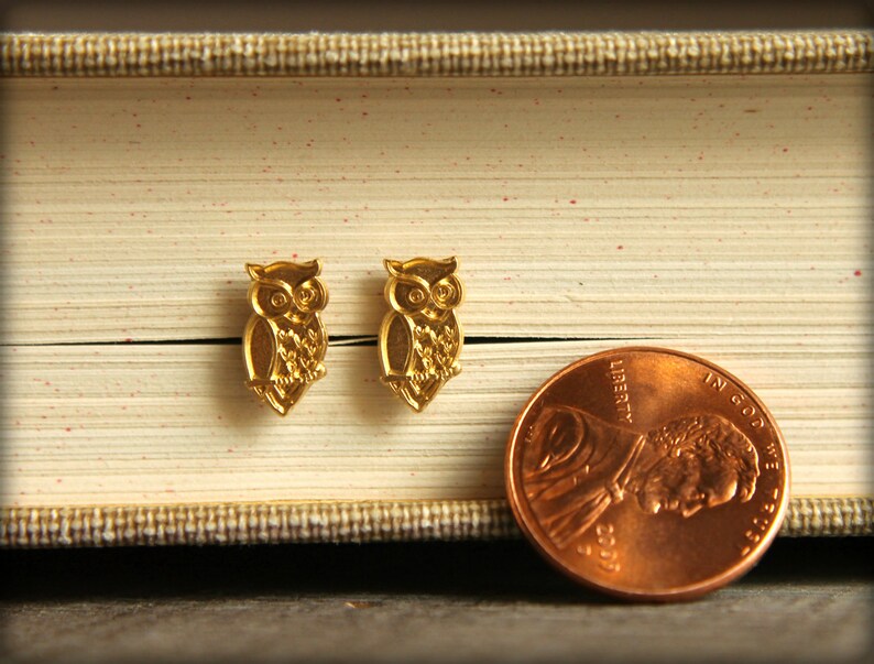 Wise Owl Earring Studs in Raw Brass, Stainless Steel Posts image 5