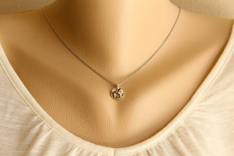 Globe Necklace in Silver, Earth Charm, World Travel Accessory image 3