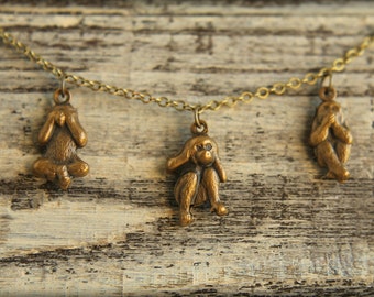 Three Wise Monkeys Necklace in Aged Brass