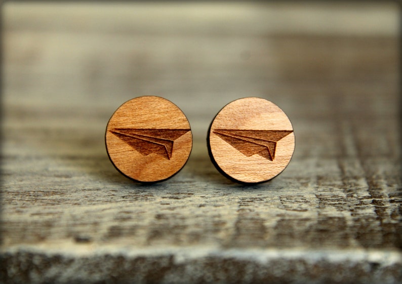 Paper Airplane Studs Laser Cut Wood Earrings Etsy