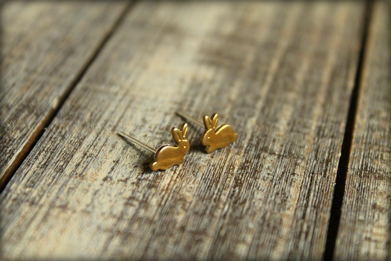 Available in Raw Brass Tiny Bunny Earring Studs Stainless Steel Posts and Rose Gold Silver