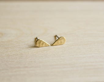 Tiny Hammered Teardrop Earring Studs in Raw Brass, Stainless Steel Posts