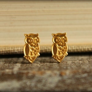 Wise Owl Earring Studs in Raw Brass, Stainless Steel Posts image 1