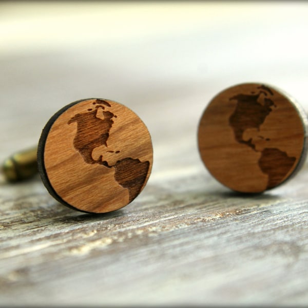 World Globe Cuff Links, Laser Cut Wood, Earth Hemisphere, World Travel Traveler Gift, Sustainable Wood, Father's Day Groom Groomsmen Gift