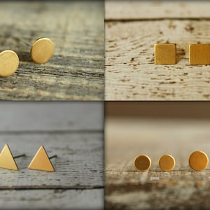 Raw Brass Earring Studs Trio: Geometric Combo, Three Pair Brass Earring Studs, Simple Small Earrings, Circle Square Triangle Shapes