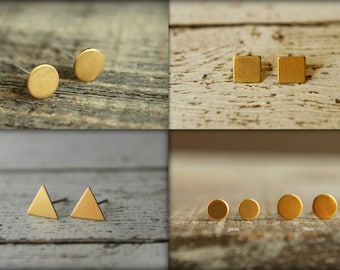 Raw Brass Earring Studs Trio: Geometric Combo, Three Pair Brass Earring Studs, Simple Small Earrings, Circle Square Triangle Shapes