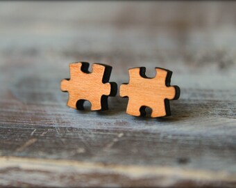 Puzzle Piece Earrings, Laser Cut Wood, Autism Awareness Jewelry, Autism Speaks Symbol, Sustainable Cherry Wood, Piece of Me, Romantic Gift