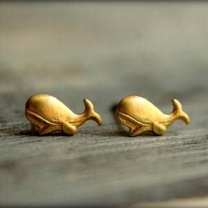 Whale Earring Studs, Available in Raw Brass or Silver Plated Brass, Stainless Steel Posts image 1