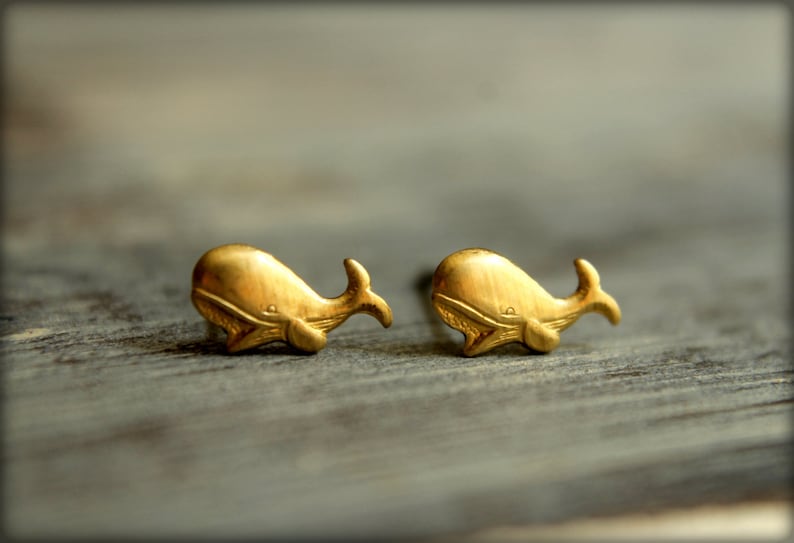 Whale Earring Studs, Available in Raw Brass or Silver Plated Brass, Stainless Steel Posts image 1