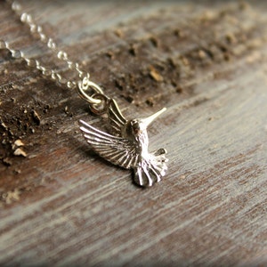 Sterling Silver Hummingbird Necklace, Bird in Flight image 1