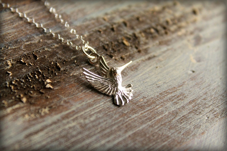 Sterling Silver Hummingbird Necklace, Bird in Flight image 1