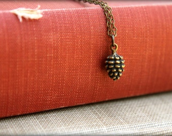 Tiny Pinecone Necklace in Aged Brass