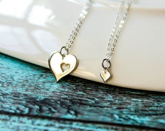 Piece of My Heart Necklace Set in Sterling Silver - Big and Little Heart Necklaces, Two Necklaces, Matching Necklace Set