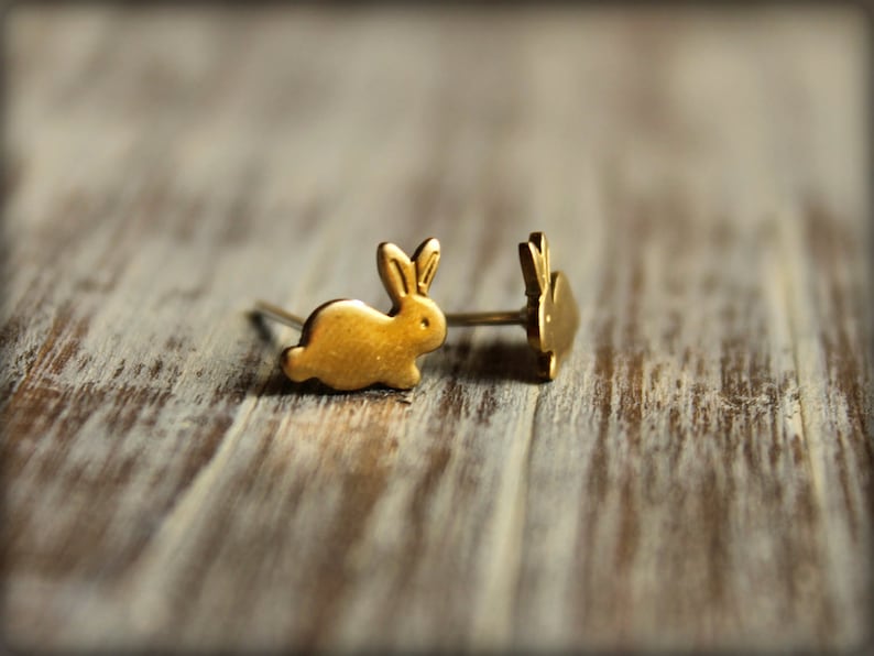 Available in Raw Brass Tiny Bunny Earring Studs Stainless Steel Posts and Rose Gold Silver