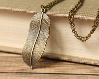 Feather Necklace in Aged Brass