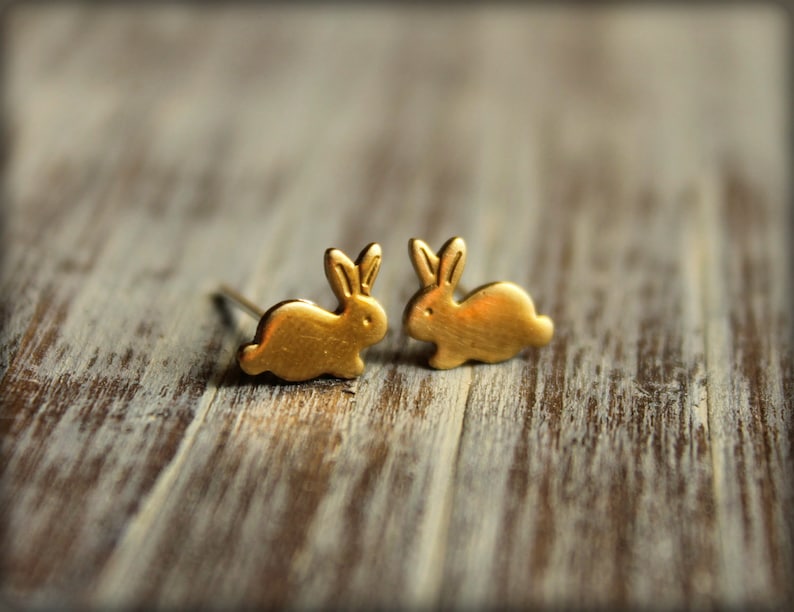 Available in Raw Brass Tiny Bunny Earring Studs Stainless Steel Posts and Rose Gold Silver