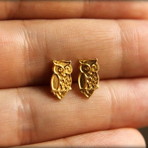 Wise Owl Earring Studs in Raw Brass, Stainless Steel Posts image 4