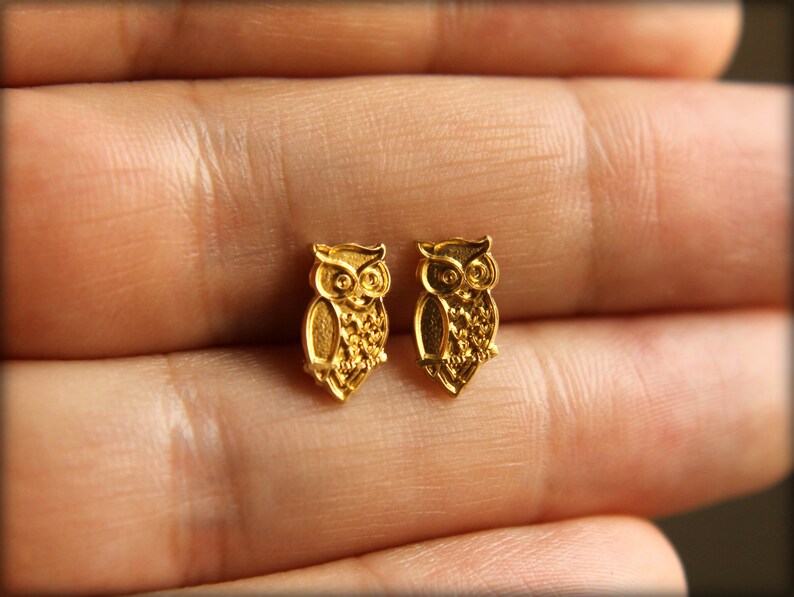 Wise Owl Earring Studs in Raw Brass, Stainless Steel Posts image 4