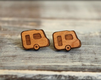 Retro Camper Studs, Laser Cut Wood Earrings, RV Camping Trailer, Travel Road Trip Jewelry, Kitsch Kitschy Quirky Gift, Travel Memories