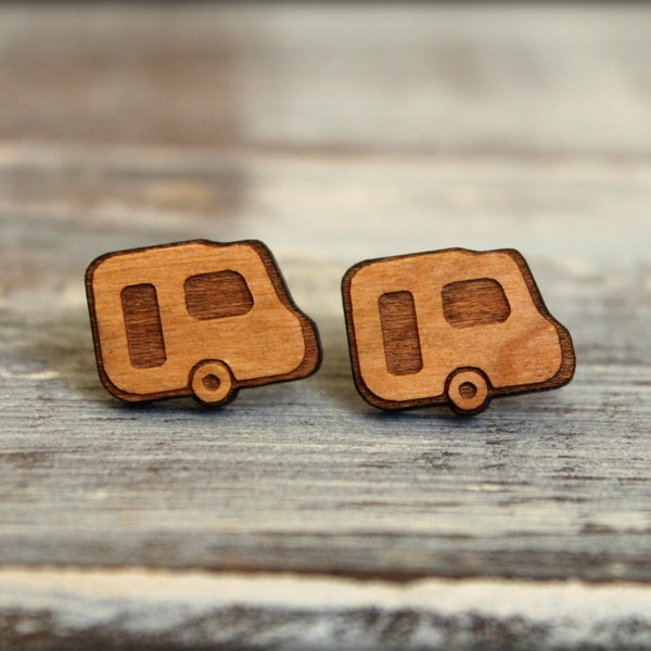 Retro Camper Studs, Laser Cut Wood Earrings, RV Camping Trailer, Travel Road Trip Jewelry, Kitsch Kitschy Quirky Gift, Travel Memories