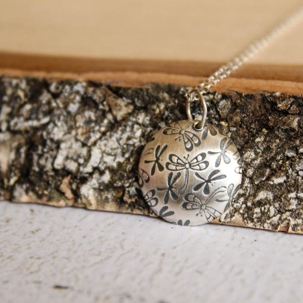 Dragonfly Domed Disc Necklace in Sterling Silver