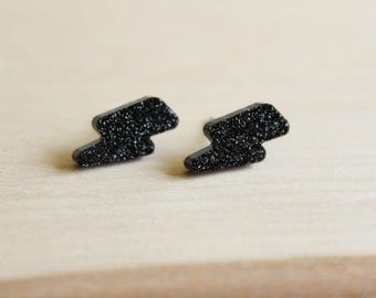 Lightning Bolt Earring Studs in Glitter Black, Laser Cut Acrylic