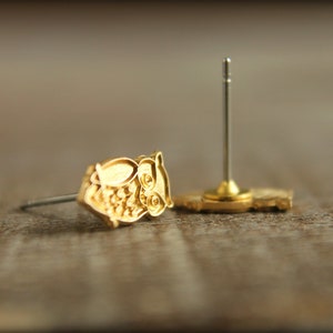 Wise Owl Earring Studs in Raw Brass, Stainless Steel Posts image 3