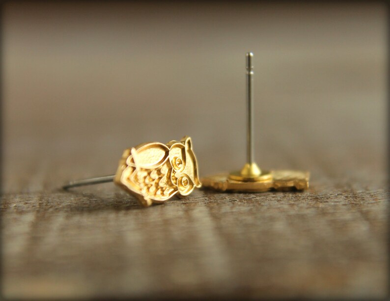 Wise Owl Earring Studs in Raw Brass, Stainless Steel Posts image 3