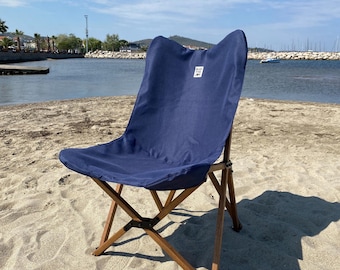Donkerblauwe campingstoel, opvouwbaar beukenhouten frame, waterafstotend
