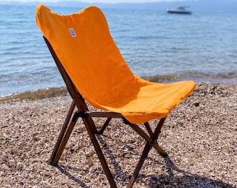 Mosterd opvouwbare campingstoel, handgemaakt beukenhouten frame