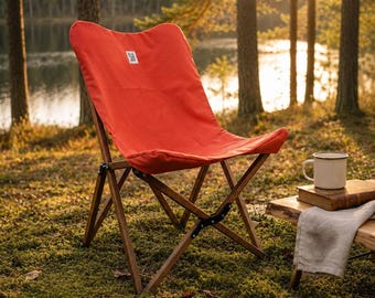 Orange Beech Wood Camping Chair, Foldable, Water-Repellent Seat