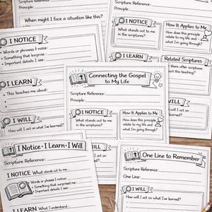 May include: A collection of white paper journaling prompts with black text and illustrations. The prompts include sections for scripture references, personal reflections, and action steps. Pencils and paperclips are also visible.