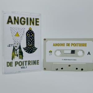 May include: A cassette tape and its case are displayed. The case features the text "ANGINE DE POITRINE VOL.1" with illustrations of a figure with a dotted pattern. The cassette tape is light gray with the text "ANGINE DE POITRINE" and the letter "A".