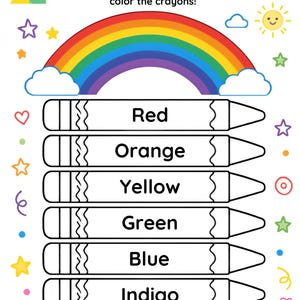 Puede incluir: Una hoja de trabajo educativa imprimible titulada Rainbow Colors con un arcoíris colorido, un sol sonriente y siete formas de crayones delineadas con las etiquetas Red, Orange, Yellow, Green, Blue, Indigo y Violet, rodeadas de estrellas y flores.