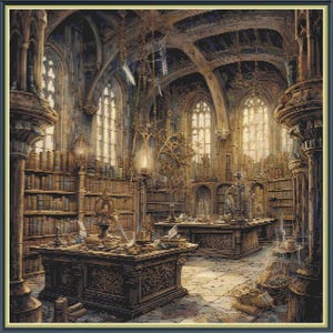 Könnte beinhalten: Innenansicht einer gotischen Bibliothek mit Bogenfenstern, Bücherregalen und verzierten Holztischen. Sonnenlicht erhellt die Szene und schafft eine warme Atmosphäre. Verschiedene wissenschaftliche Instrumente und Bücher sind zu sehen.