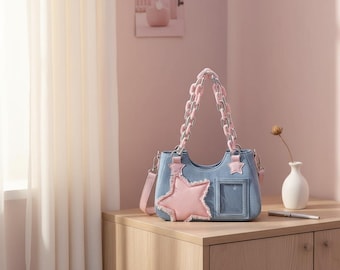 Bolso vaquero estilo hobo con estrella rosa, bolso de hombro bajo el brazo