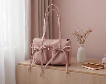 Nylon Shoulder Tote Bag: Large Commuter Handbag with Bow Detail