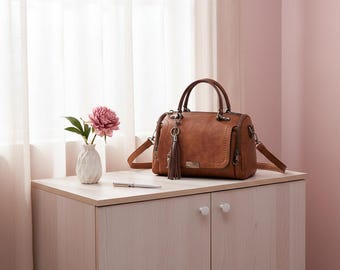 Tassel Boston Bag, PU Leather Crossbody Handbag